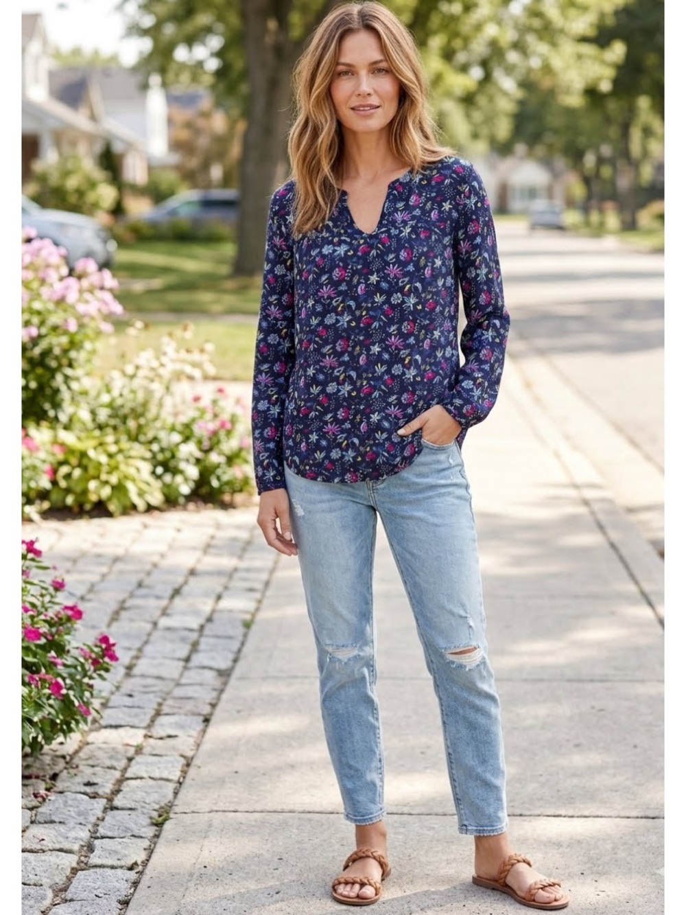Gap Navy Blue Multi Floral V Neck Blouse Size M Refined Casual Boho Whimsigoth